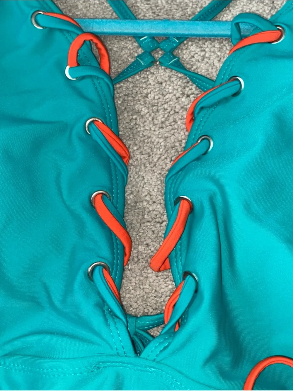 Vigoss Size Large One Piece Swimsuit Green Plunge Neckline Orange Accents‎ NWT